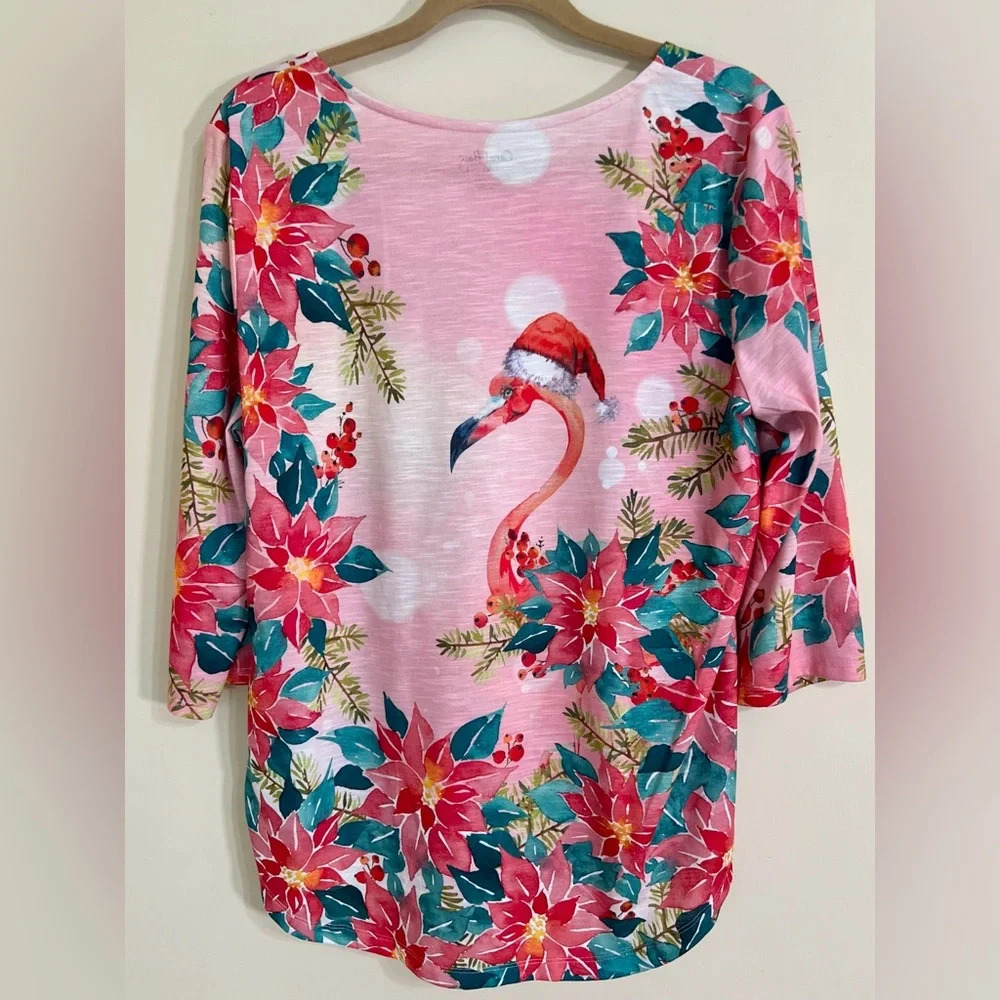 CORAL BAY Tropical Christmas Flamingo Bedazzled Blouse Coastal  Size XL - Picture 2 of 12